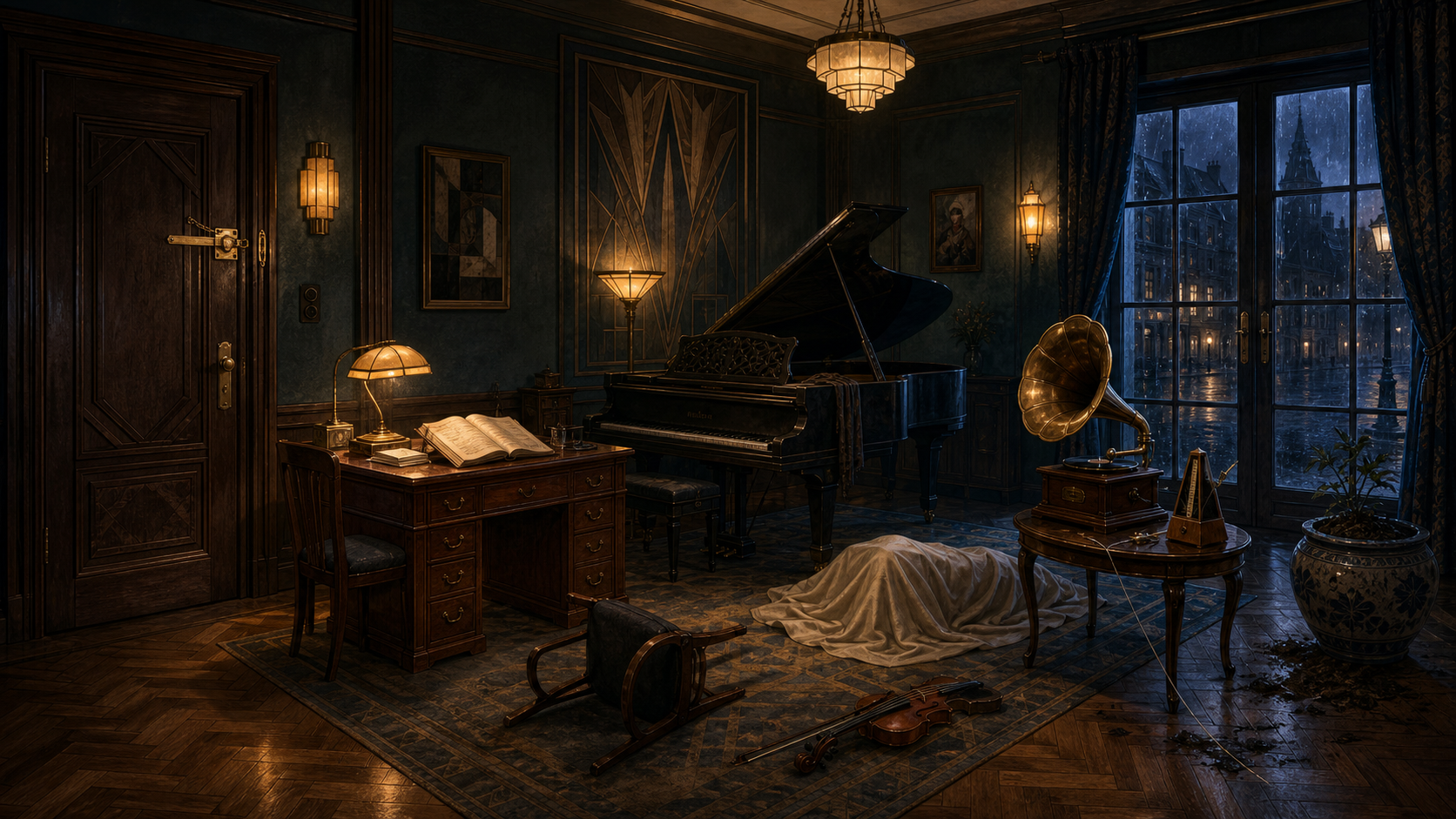 A rain-darkened Art Deco music room containing a desk, grand piano, covered body, gramophone, metronome, French windows, and locked door.